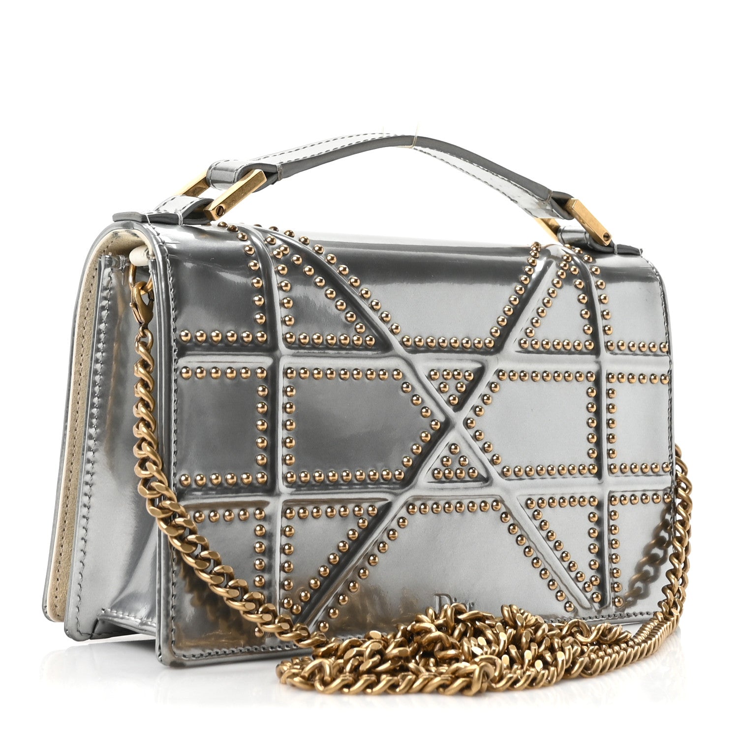 Metallic Patent Studded Diorama Top Handle Wallet on Chain Pouch Silver ¡§ Direct shipment via from wholesalehk.shop