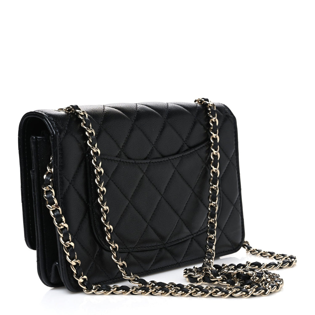 Lambskin Quilted Crystal CC Wallet On Chain WOC Black wholesalehk.shop