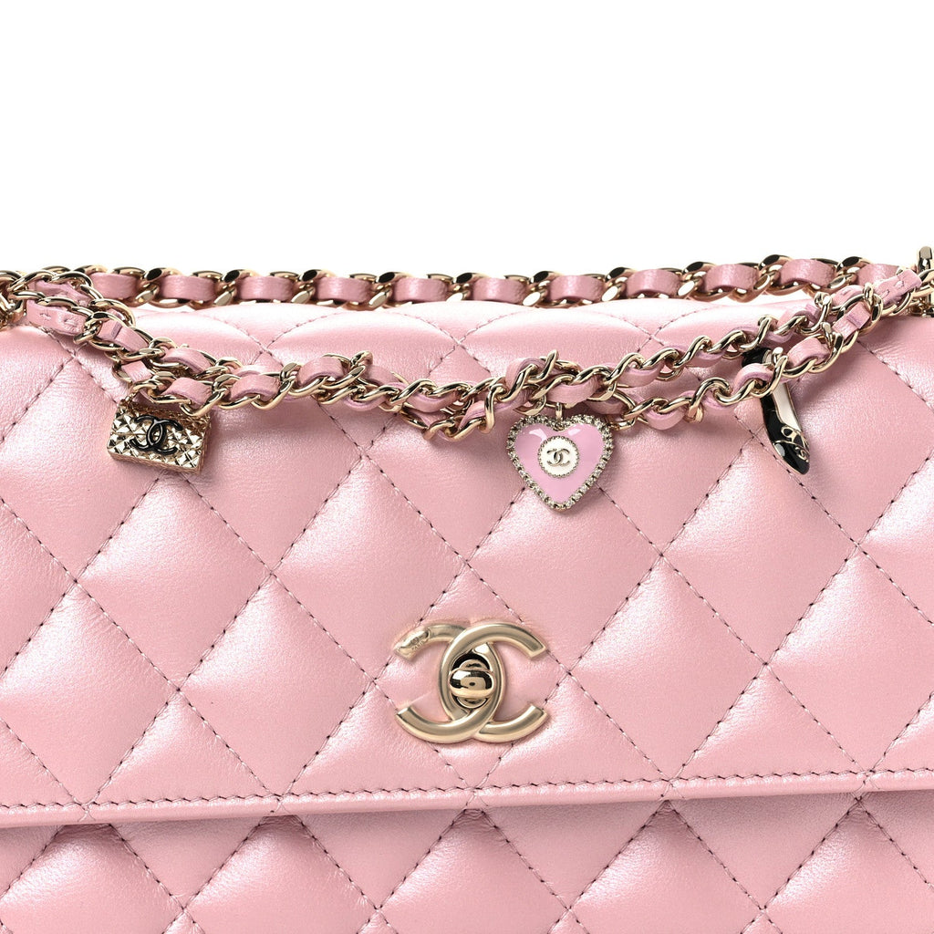 Pearly Lambskin Quilted Charms Wallet On Chain WOC Light Pink wholesalehk.shop