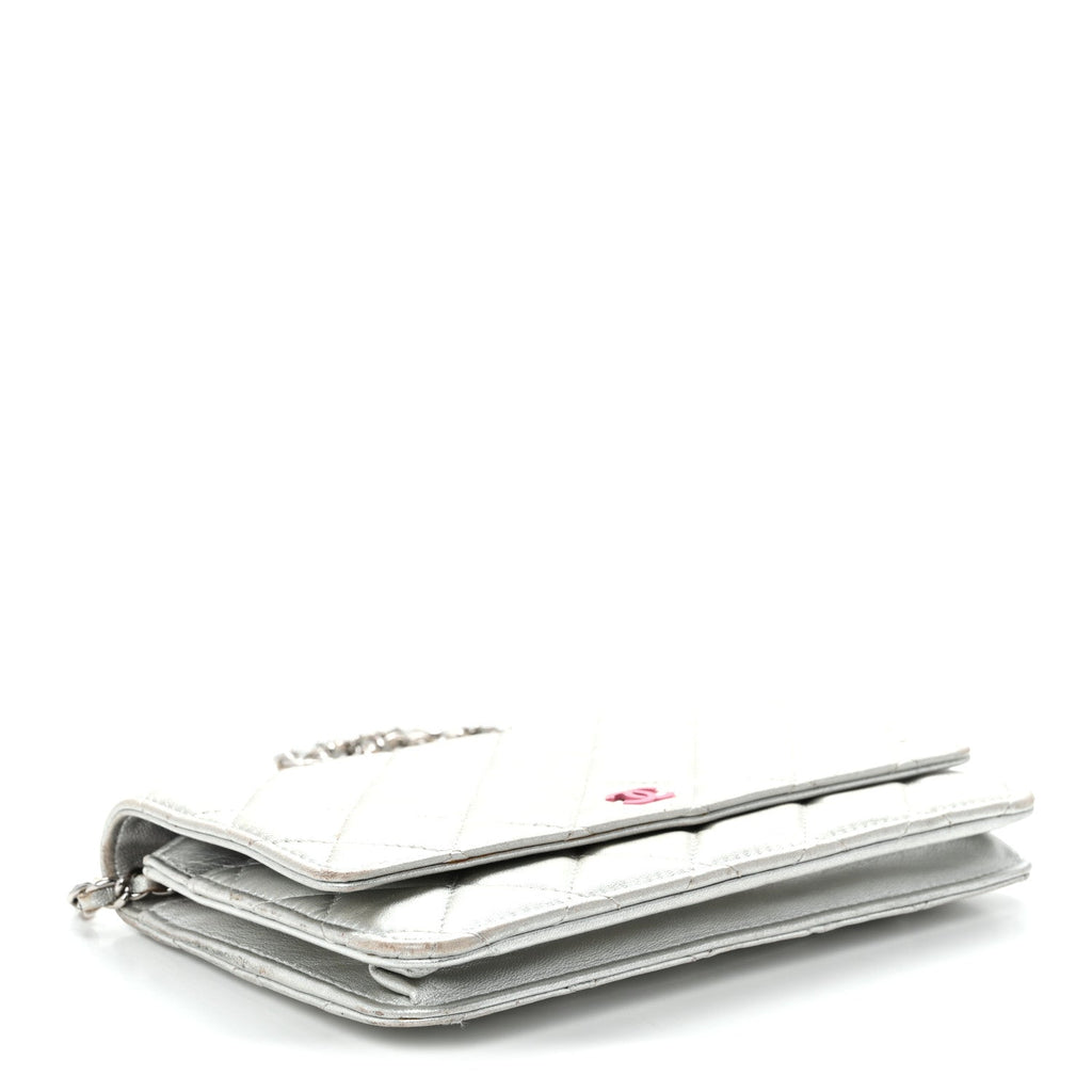 Metallic Lambskin Quilted Wallet On Chain WOC Silver wholesalehk.shop