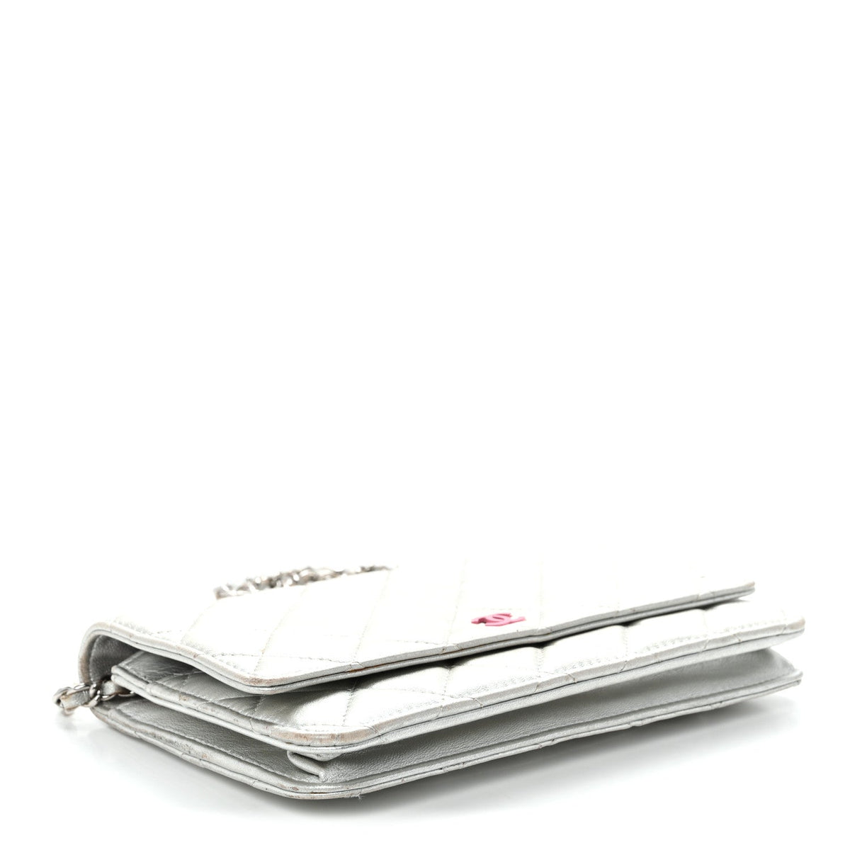 Metallic Lambskin Quilted Wallet On Chain WOC Silver wholesalehk.shop