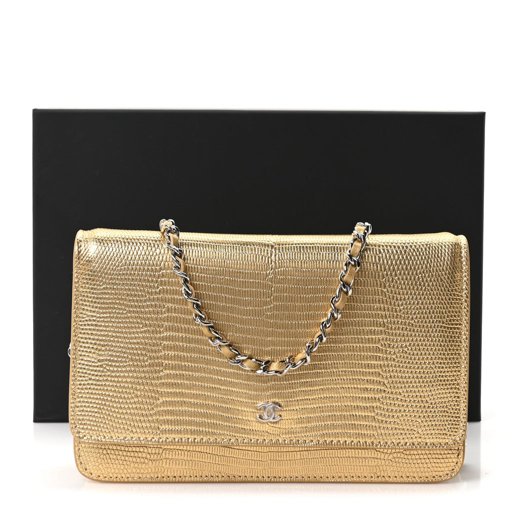 Calfskin Lizard Embossed Wallet On Chain WOC Gold wholesalehk.shop