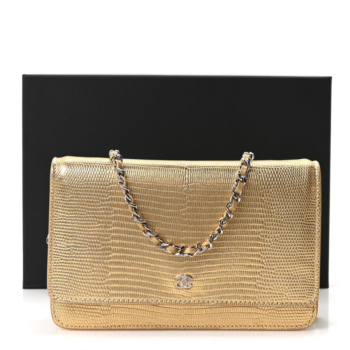 Calfskin Lizard Embossed Wallet On Chain WOC Gold wholesalehk.shop