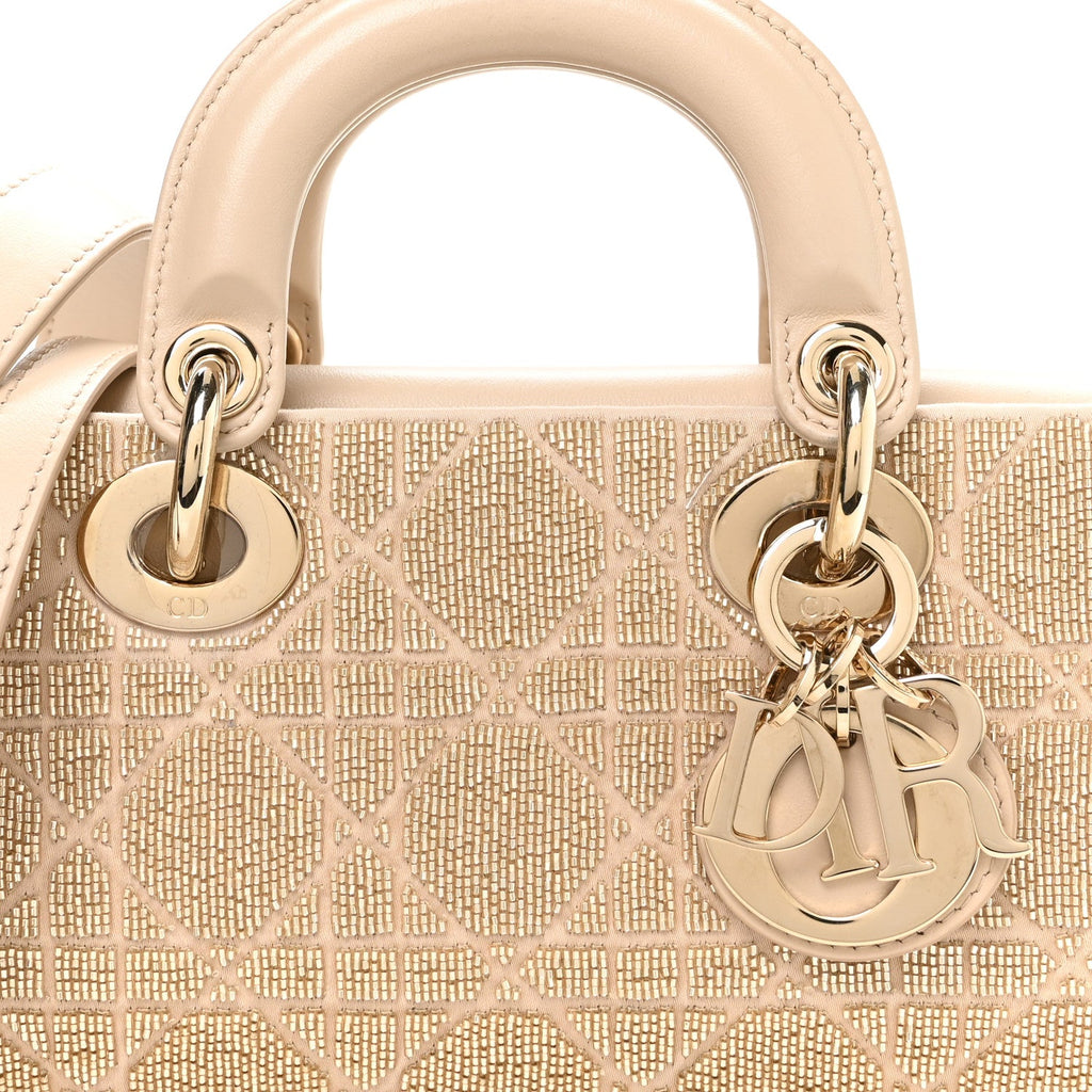 Lambskin Cannage Beaded Embroidered Micro Lady D-Joy Beige wholesalehk.shop
