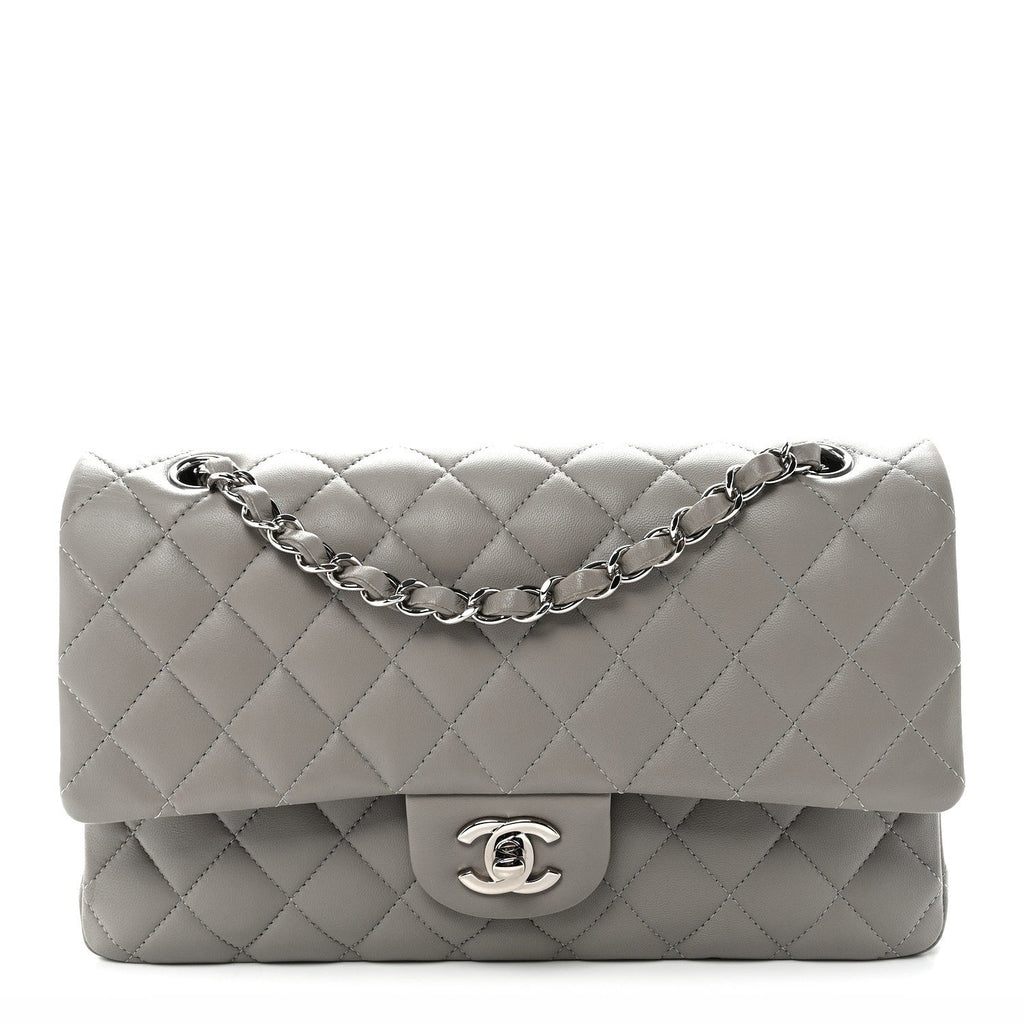 Lambskin Quilted Medium Double Flap Grey wholesalehk.shop