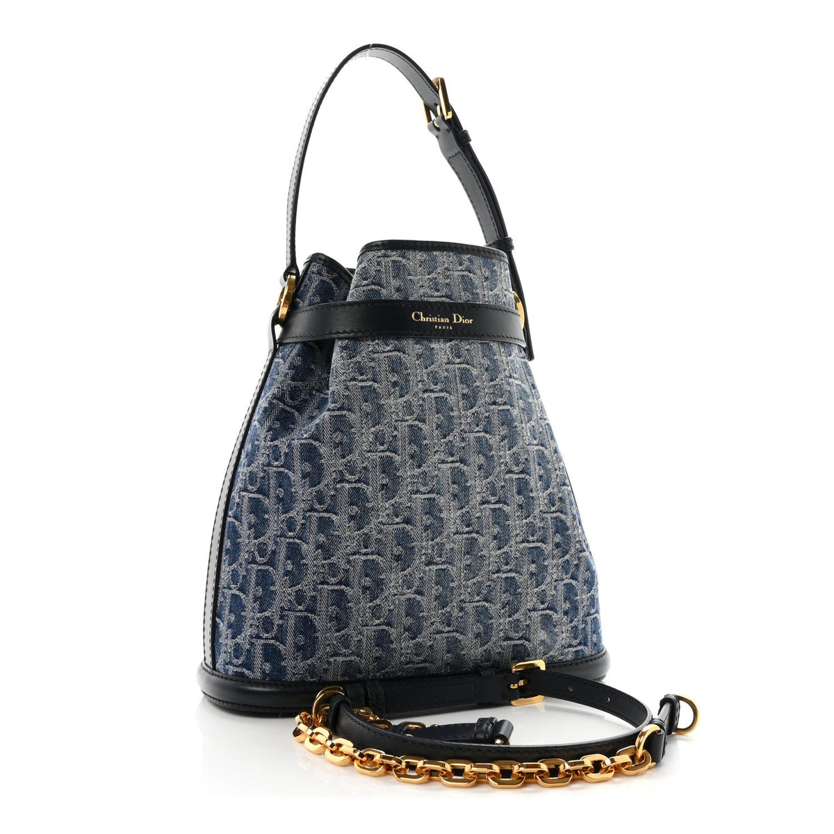 Denim Oblique Jacquard Medium C'est Chain Bucket Bag Denim Blue wholesalehk.shop