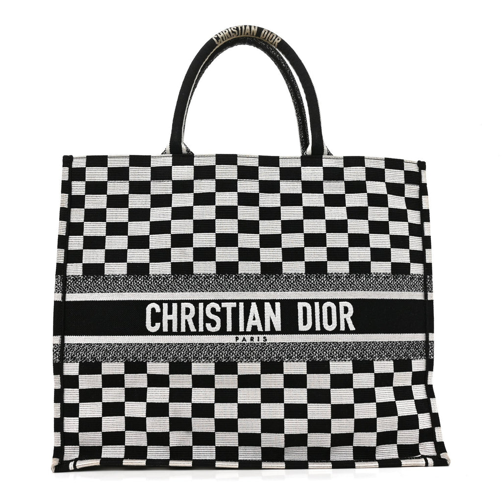Canvas Embroidered Checkered Book Tote Black White £¨ Direct shipment via from wholesalehk.shop