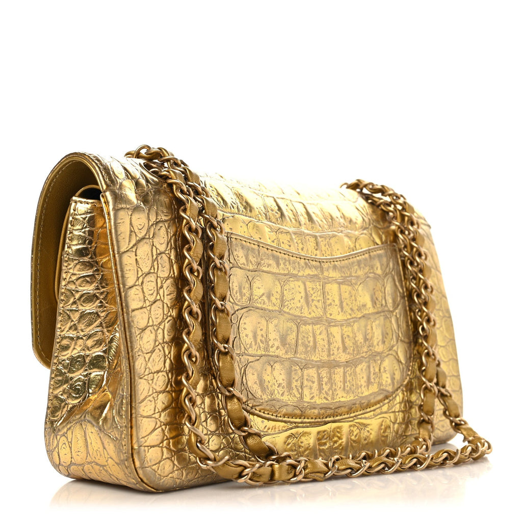 Metallic Calfskin Crocodile Embossed Cocodile Medium Double Flap Gold wholesalehk.shop