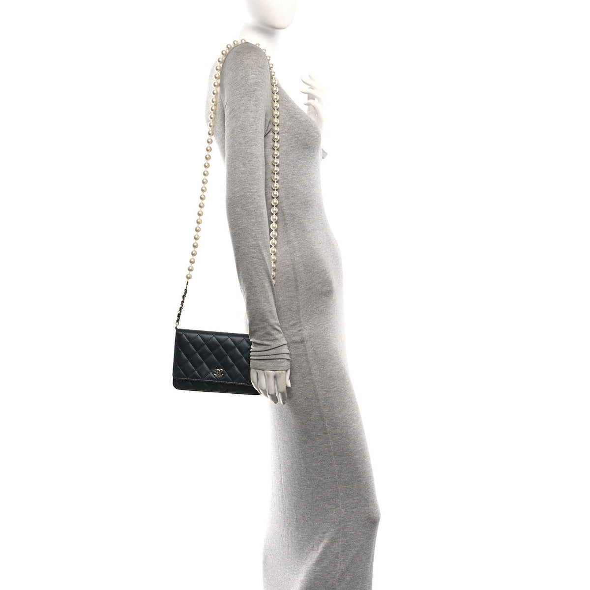 Lambskin Quilted Pearl Wallet On Chain WOC Black wholesalehk.shop