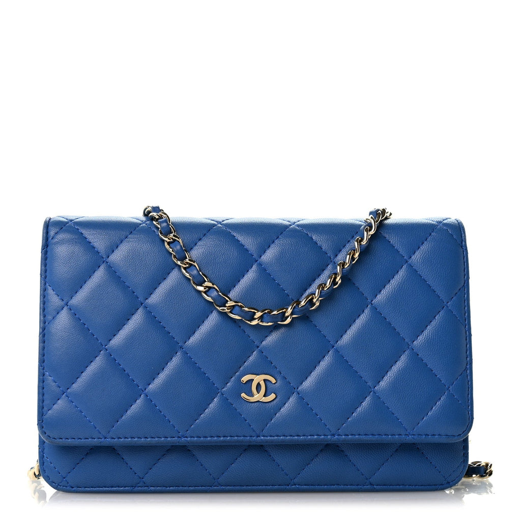 Lambskin Quilted Wallet On Chain WOC Blue wholesalehk.shop