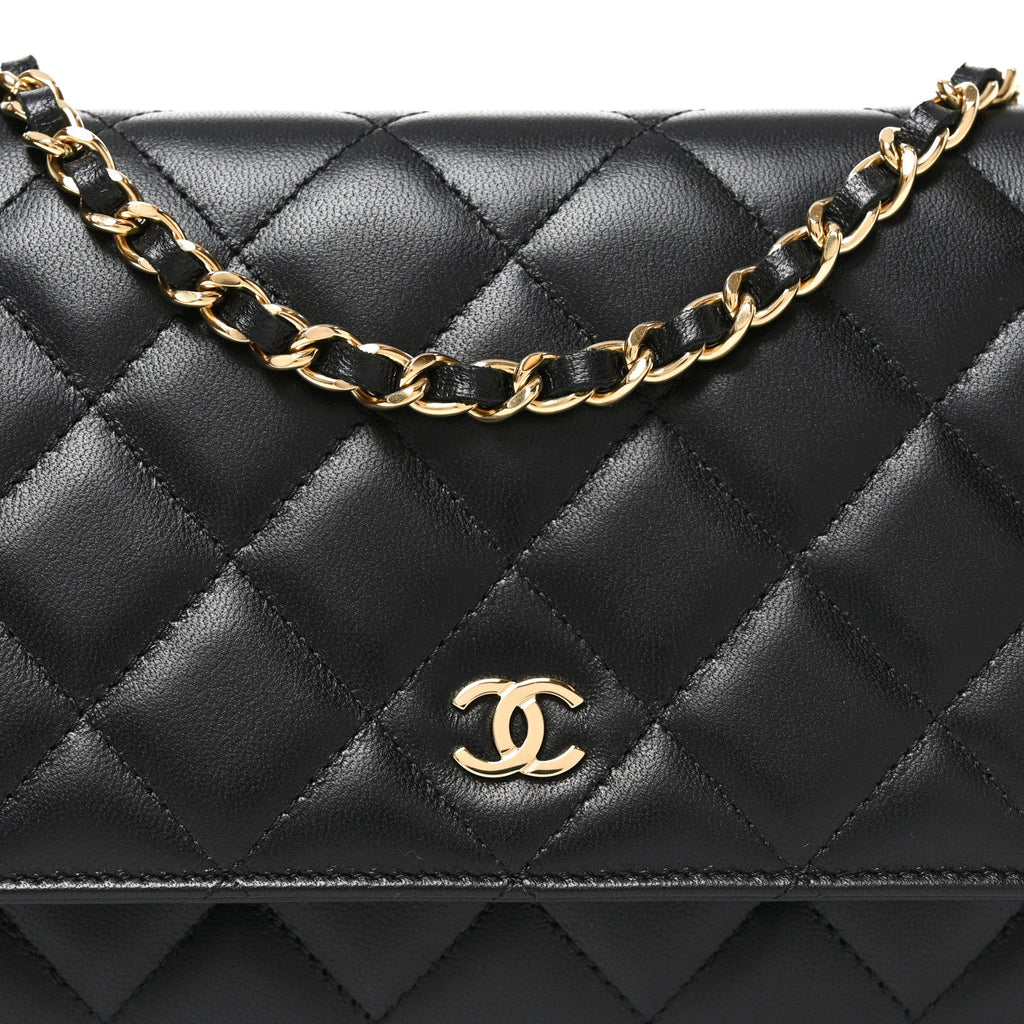 Lambskin Quilted Wallet On Chain WOC Black wholesalehk.shop