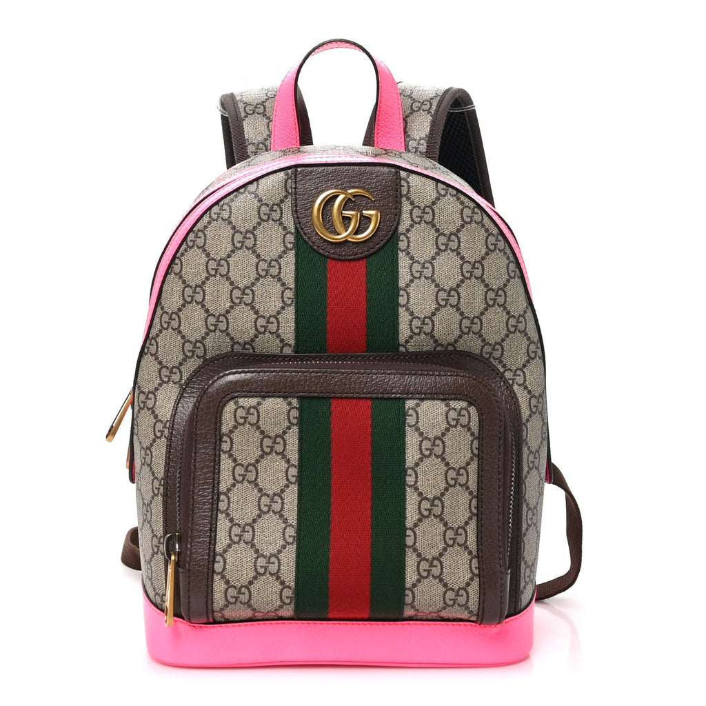 GG Supreme Monogram Textured Dollar Calfskin Web Small Ophidia Day Backpack Beige Ebony Fluorescent Fuchsia wholesalehk.shop