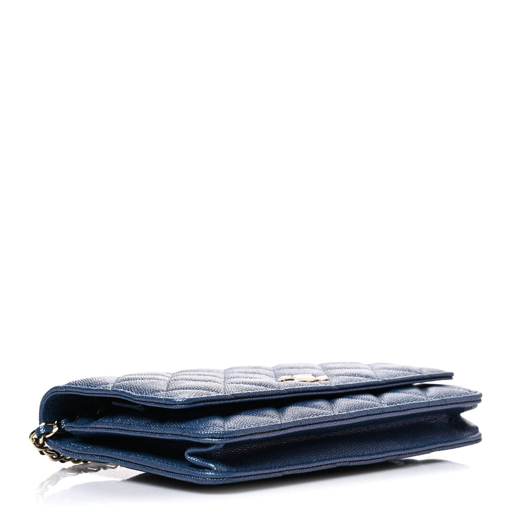 Iridescent Caviar Quilted Wallet on Chain WOC Dark Blue wholesalehk.shop