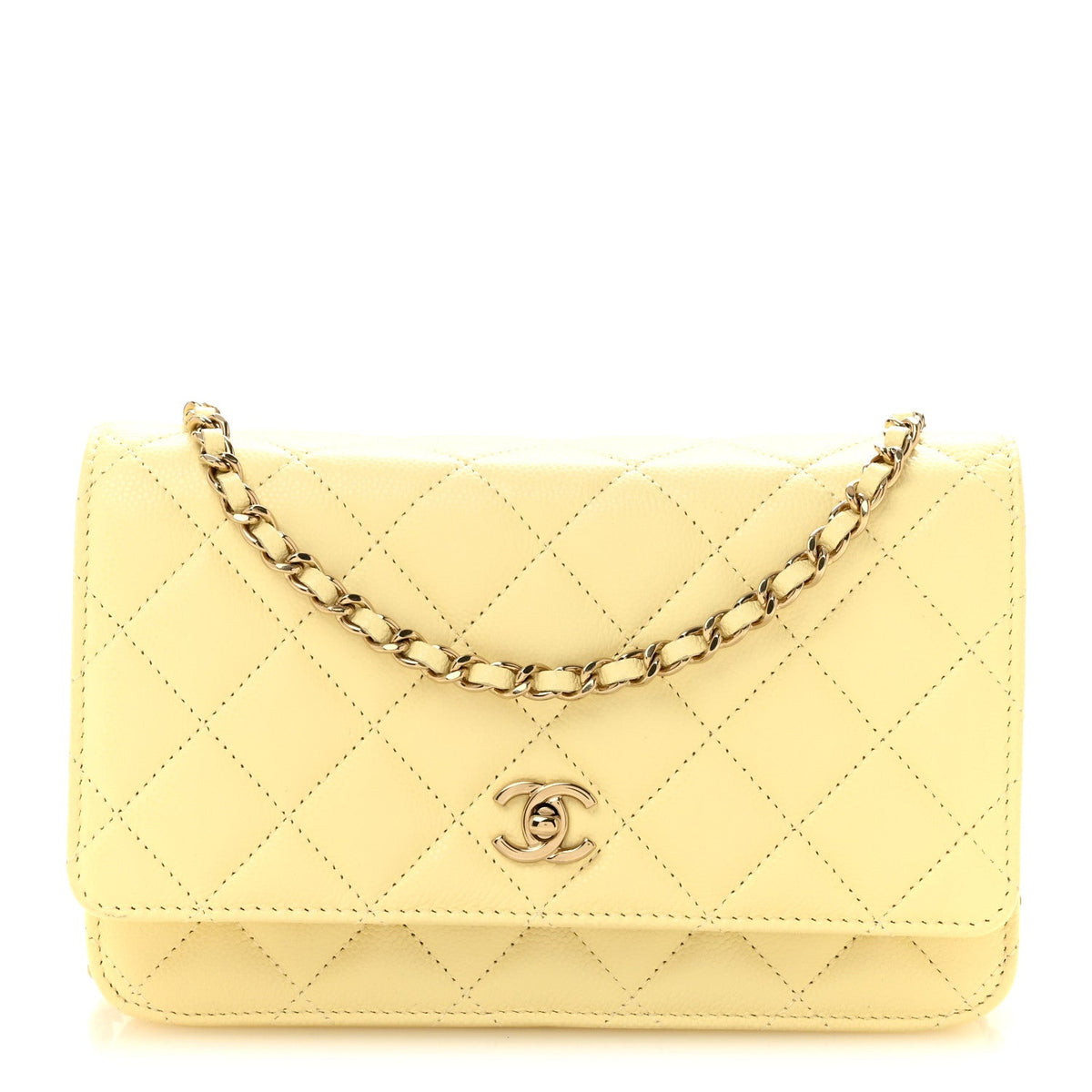 Caviar Quilted CC Turn Lock Wallet On Chain WOC Light Yellow wholesalehk.shop