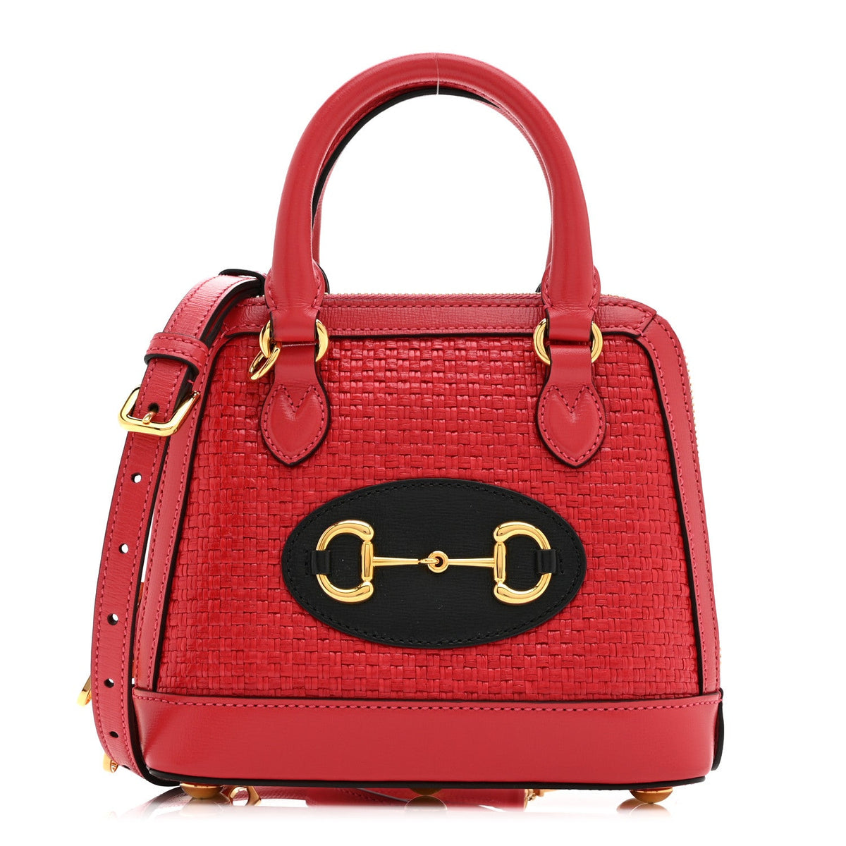 Straw Azalea Calfskin Woven Mini Horsebit 1955 Top Handle Bag Coral Wave Black wholesalehk.shop