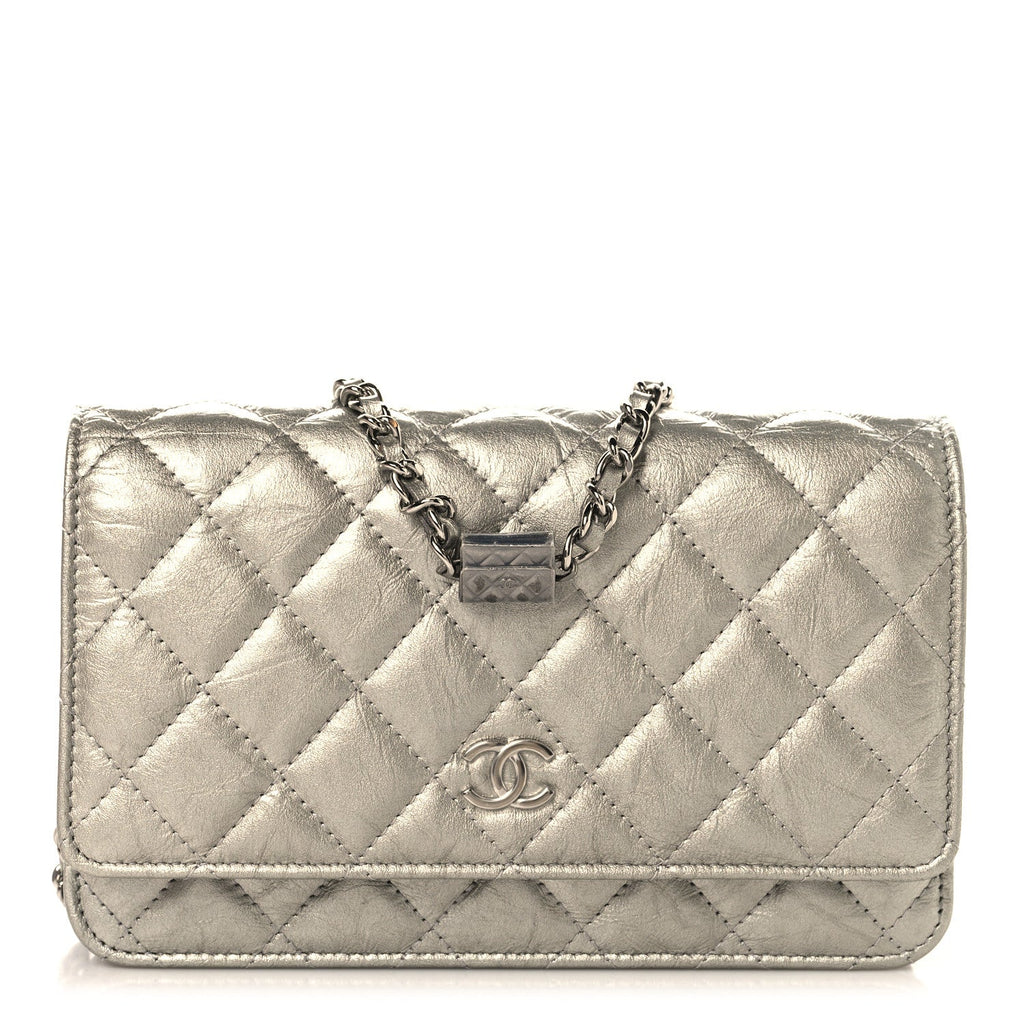 Metallic Crumpled Calfskin Quilted Flap Charm Wallet On Chain WOC Silver wholesalehk.shop
