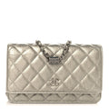 Metallic Crumpled Calfskin Quilted Flap Charm Wallet On Chain WOC Silver wholesalehk.shop