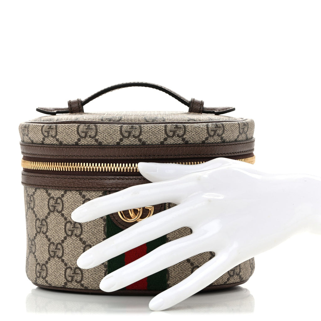 GG Supreme Monogram Textured Calfskin Web Ophidia Vanity Cosmetic Case Beige Ebony New Acero wholesalehk.shop