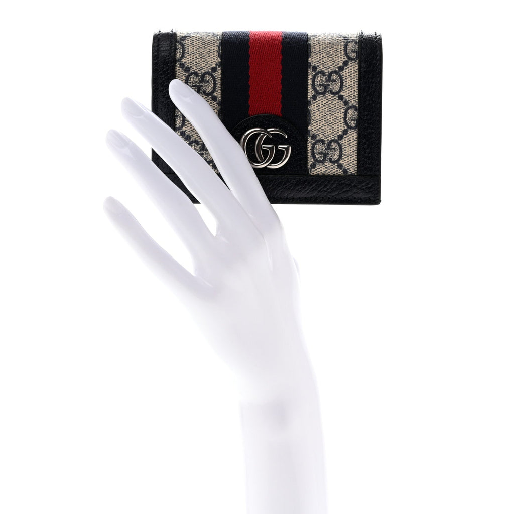 GG Supreme Monogram Textured Dollar Calfskin Web Ophidia Card Case Beige Blue wholesalehk.shop