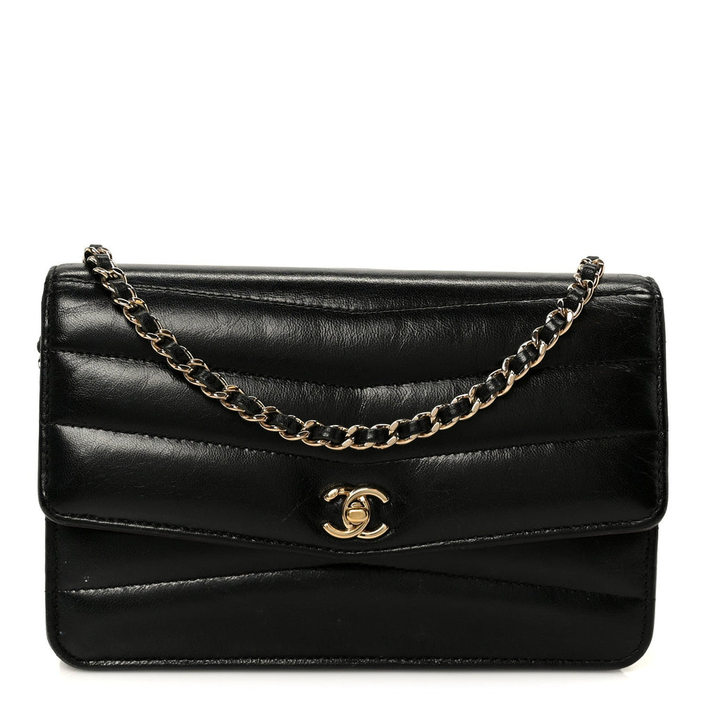 Lambskin Chevron Quilted Wallet On Chain WOC Black wholesalehk.shop