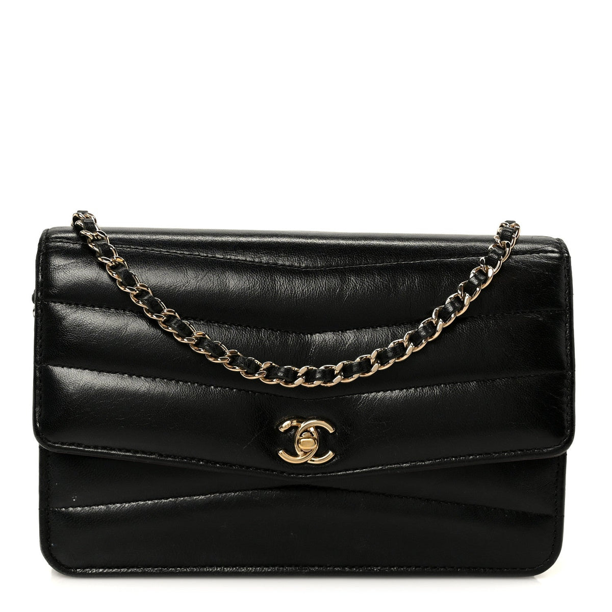 Lambskin Chevron Quilted Wallet On Chain WOC Black wholesalehk.shop