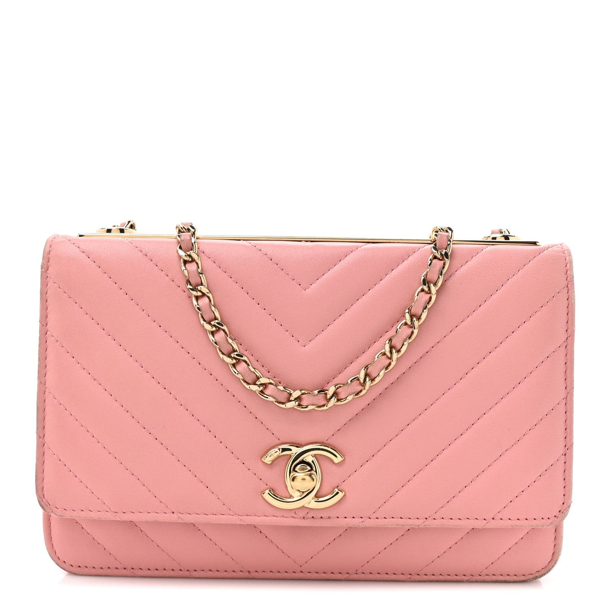Lambskin Chevron Quilted Trendy CC Wallet On Chain WOC Pink wholesalehk.shop