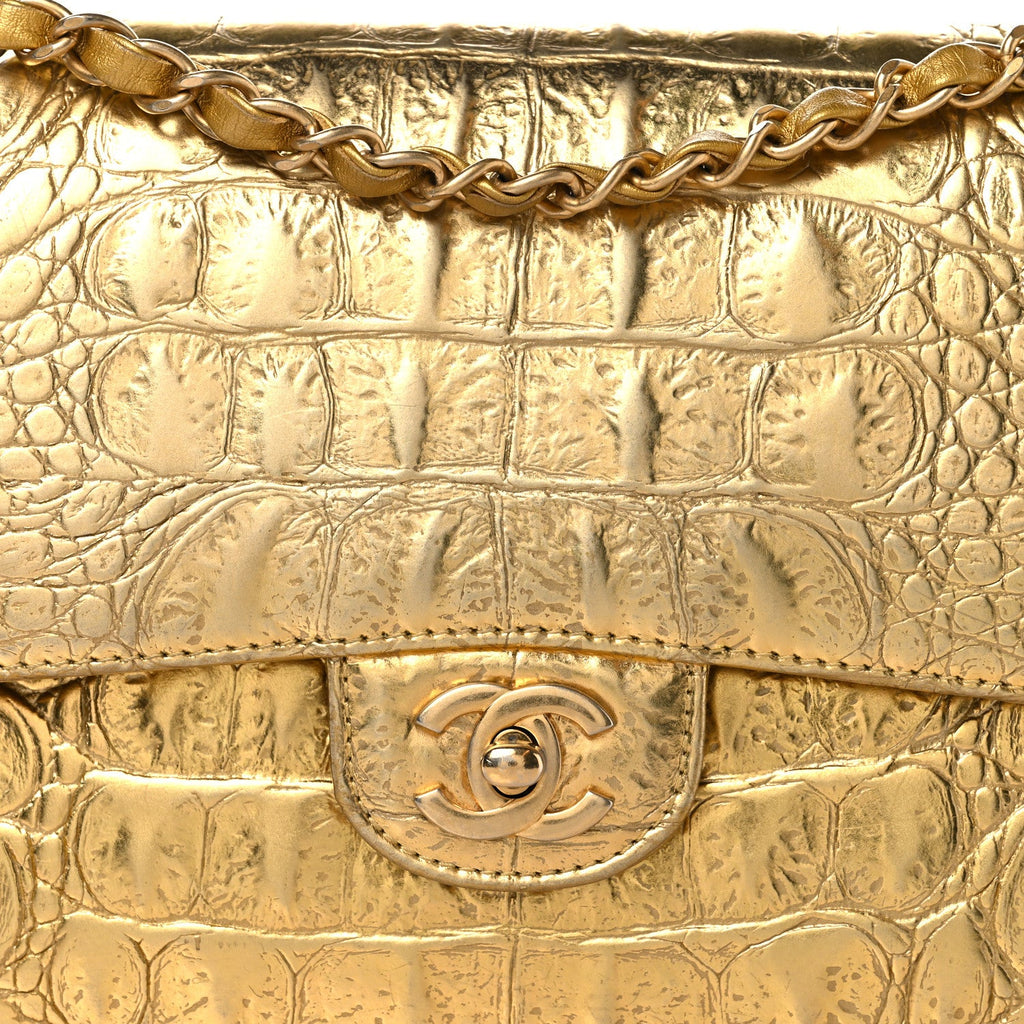 Metallic Calfskin Crocodile Embossed Cocodile Medium Double Flap Gold wholesalehk.shop