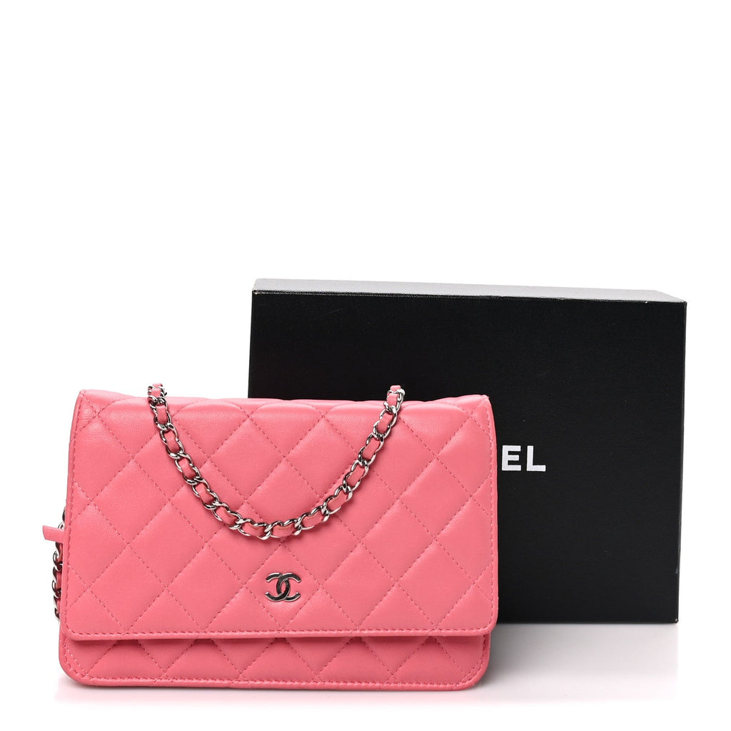 Lambskin Quilted Wallet On Chain WOC Pink wholesalehk.shop