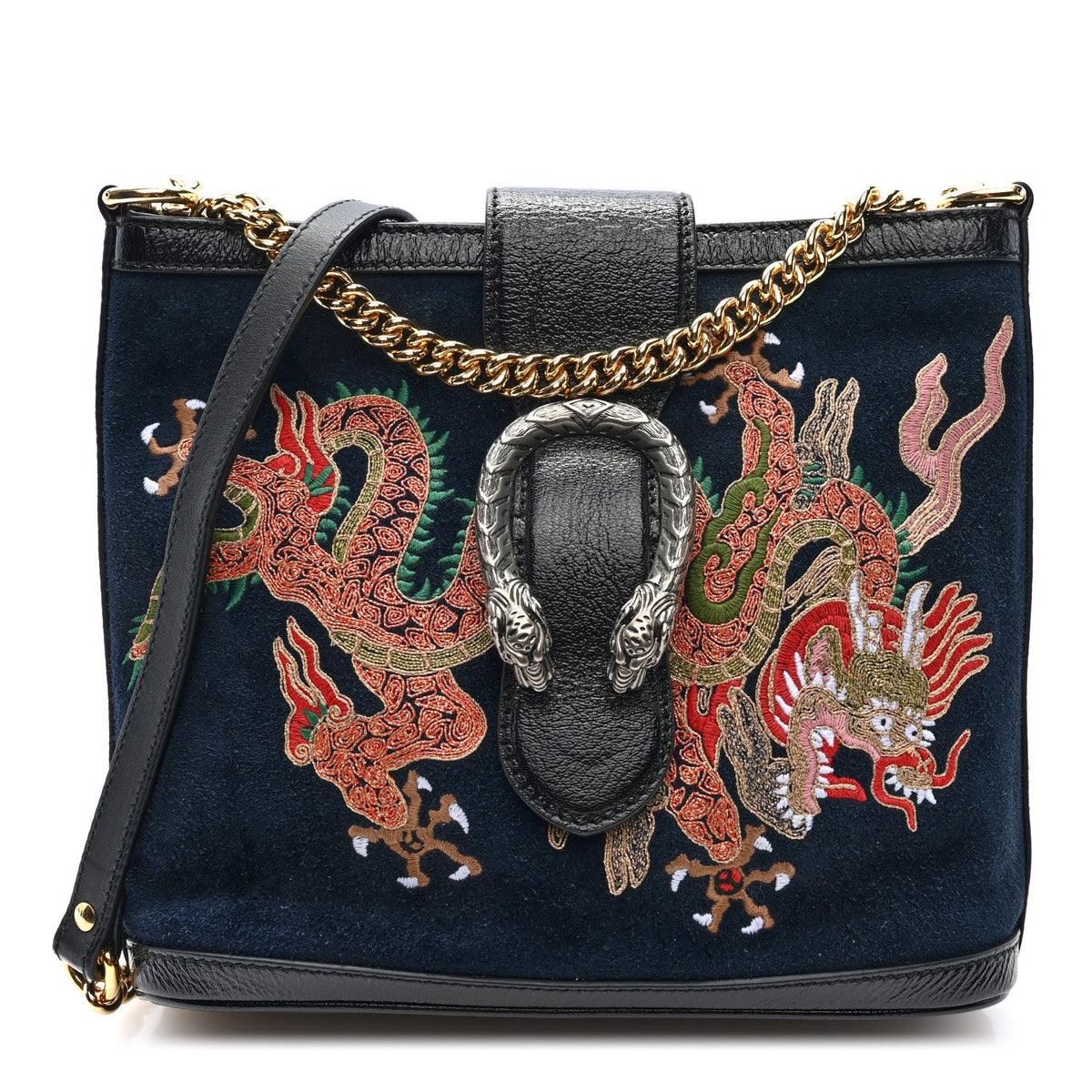 Suede Patent Dragon Embroidered Medium Dionysus Bucket Bag Dark Blue wholesalehk.shop