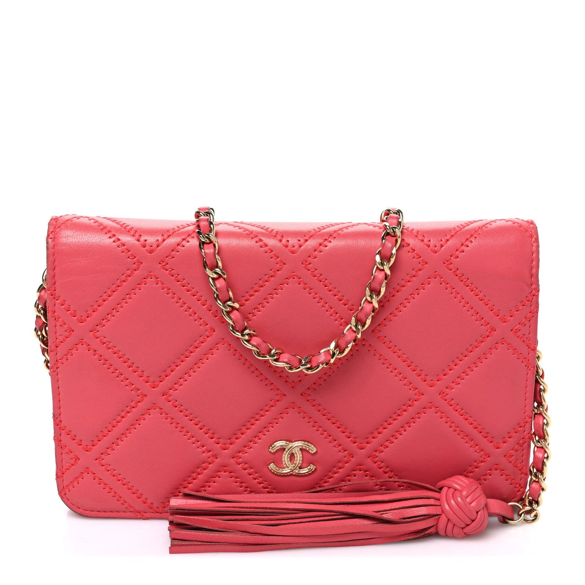 Lambskin Quilted Double Stitch Tassel Wallet On Chain WOC Pink wholesalehk.shop