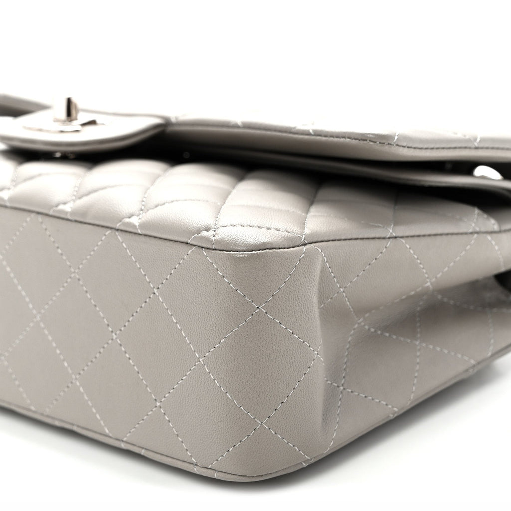 Lambskin Quilted Medium Double Flap Grey wholesalehk.shop