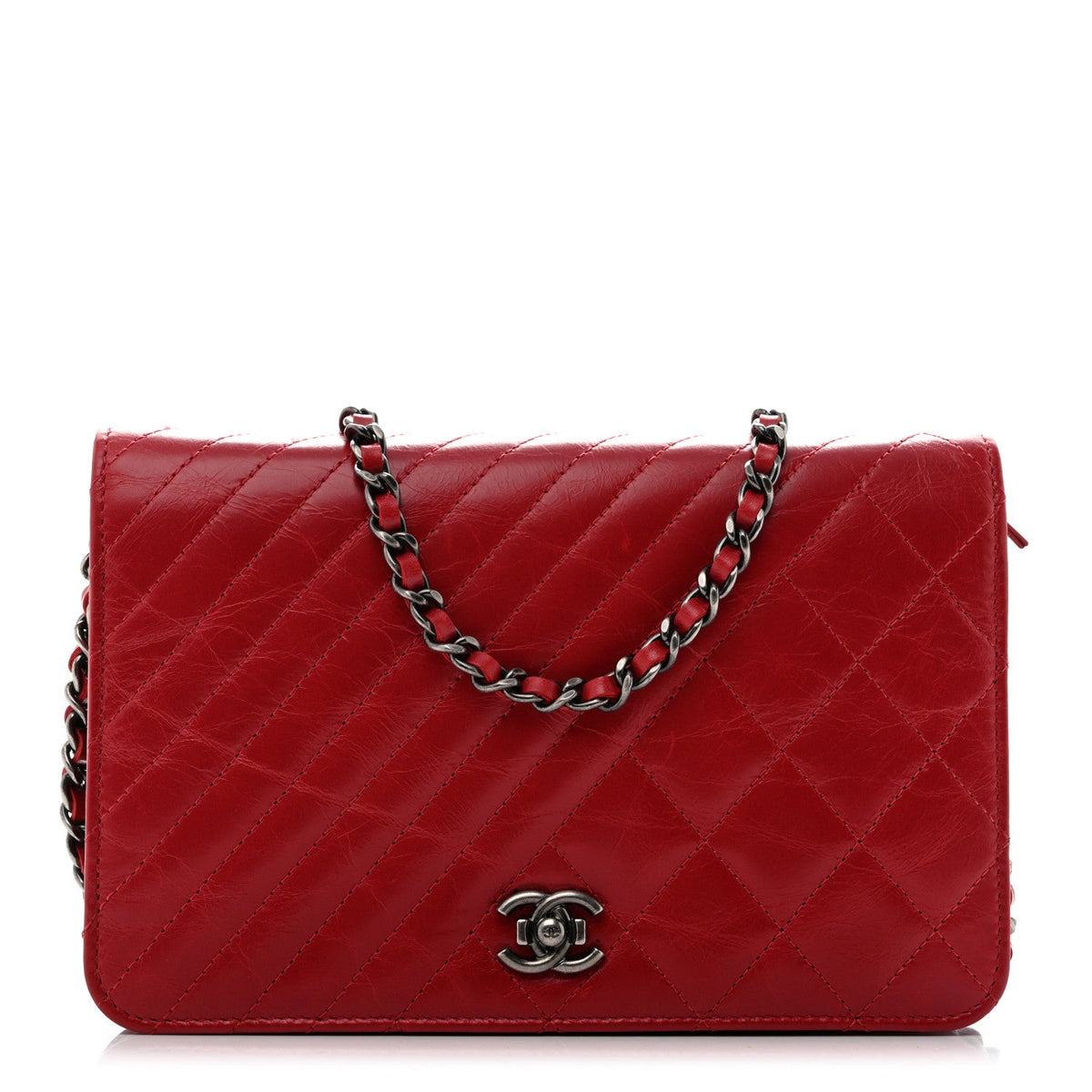 Glazed Calfskin Quilted Coco Boy Wallet On Chain WOC Red wholesalehk.shop