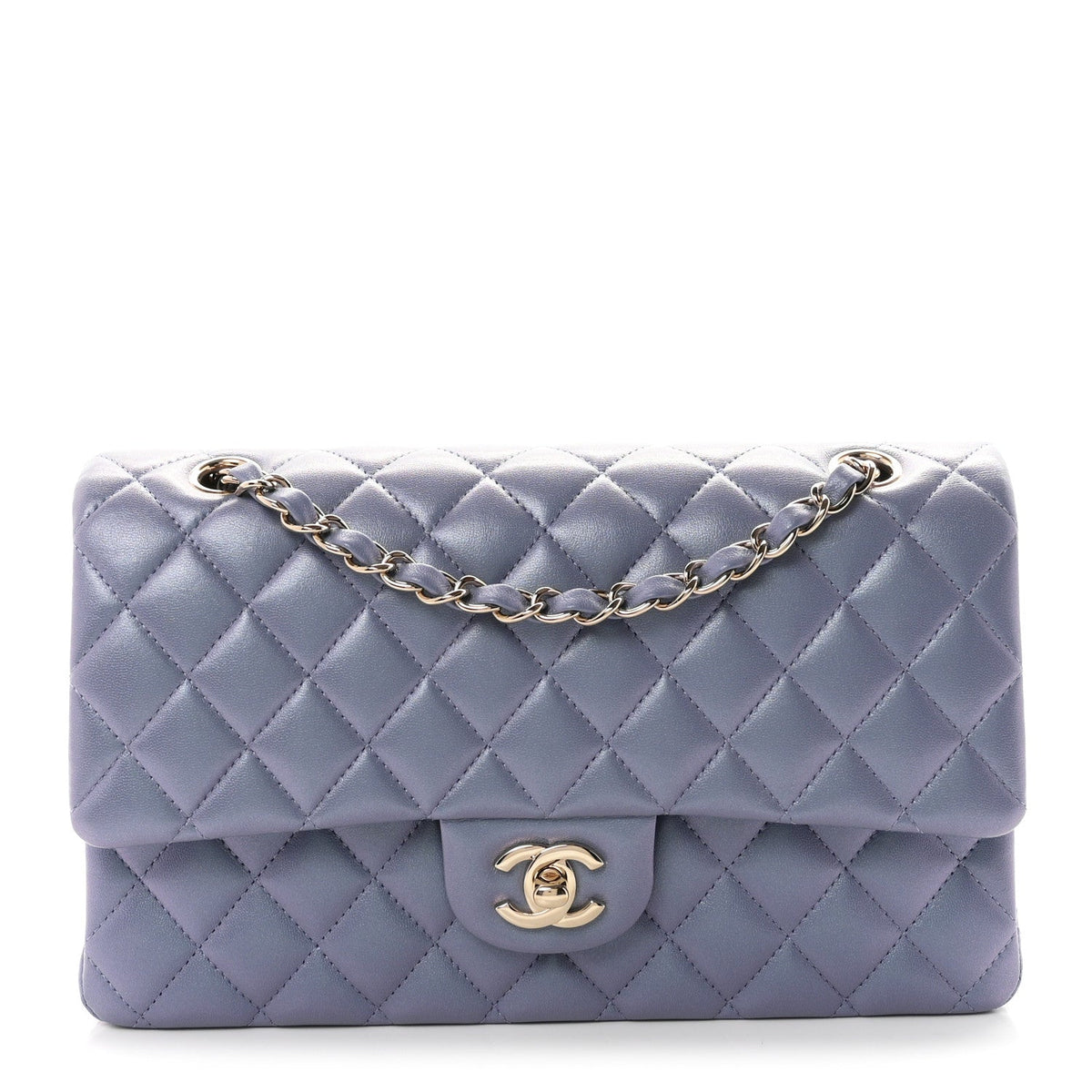 Iridescent Lambskin Quilted Medium Double Flap Light Purple wholesalehk.shop