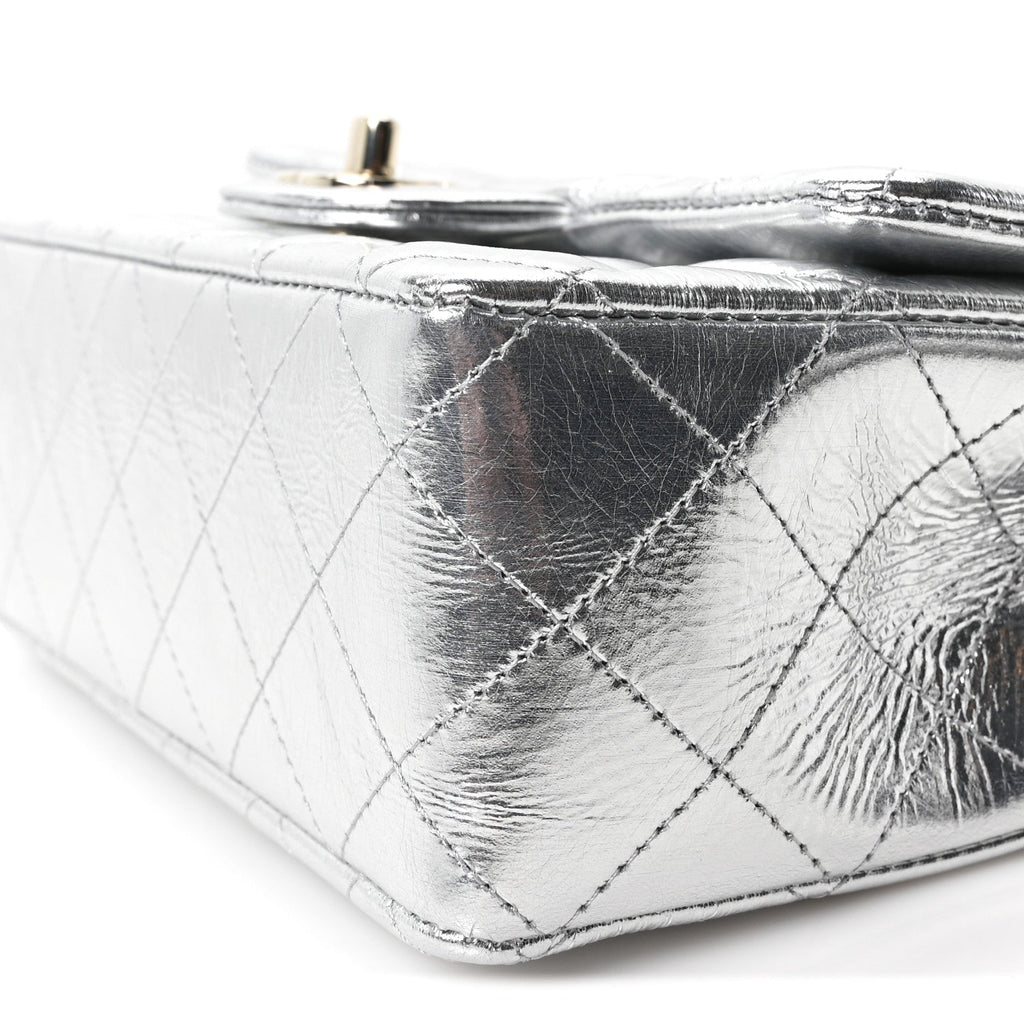Hammered Metallic Calfskin Quilted Small Double Flap Silver wholesalehk.shop
