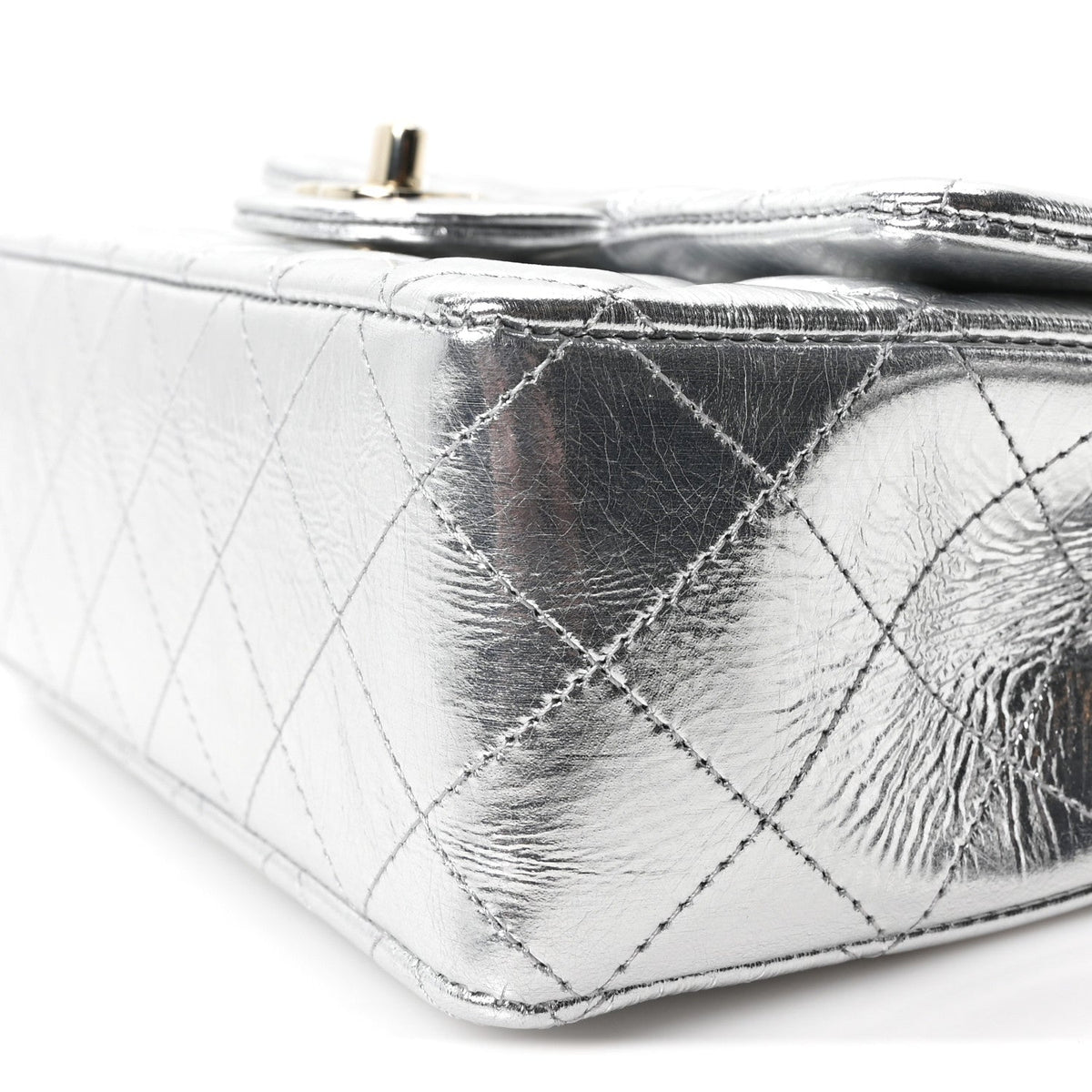 Hammered Metallic Calfskin Quilted Small Double Flap Silver wholesalehk.shop