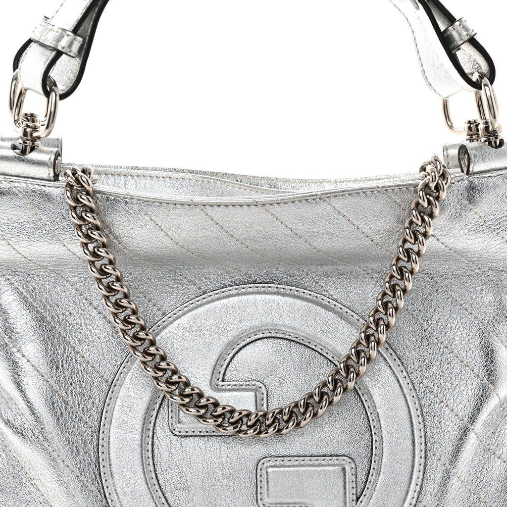 Sakai Be Green Calfskin Diagonal Stitched Small Blondie Tote Silver wholesalehk.shop