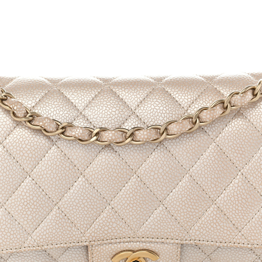Pearly Caviar Quilted Medium Double Flap Light Beige wholesalehk.shop