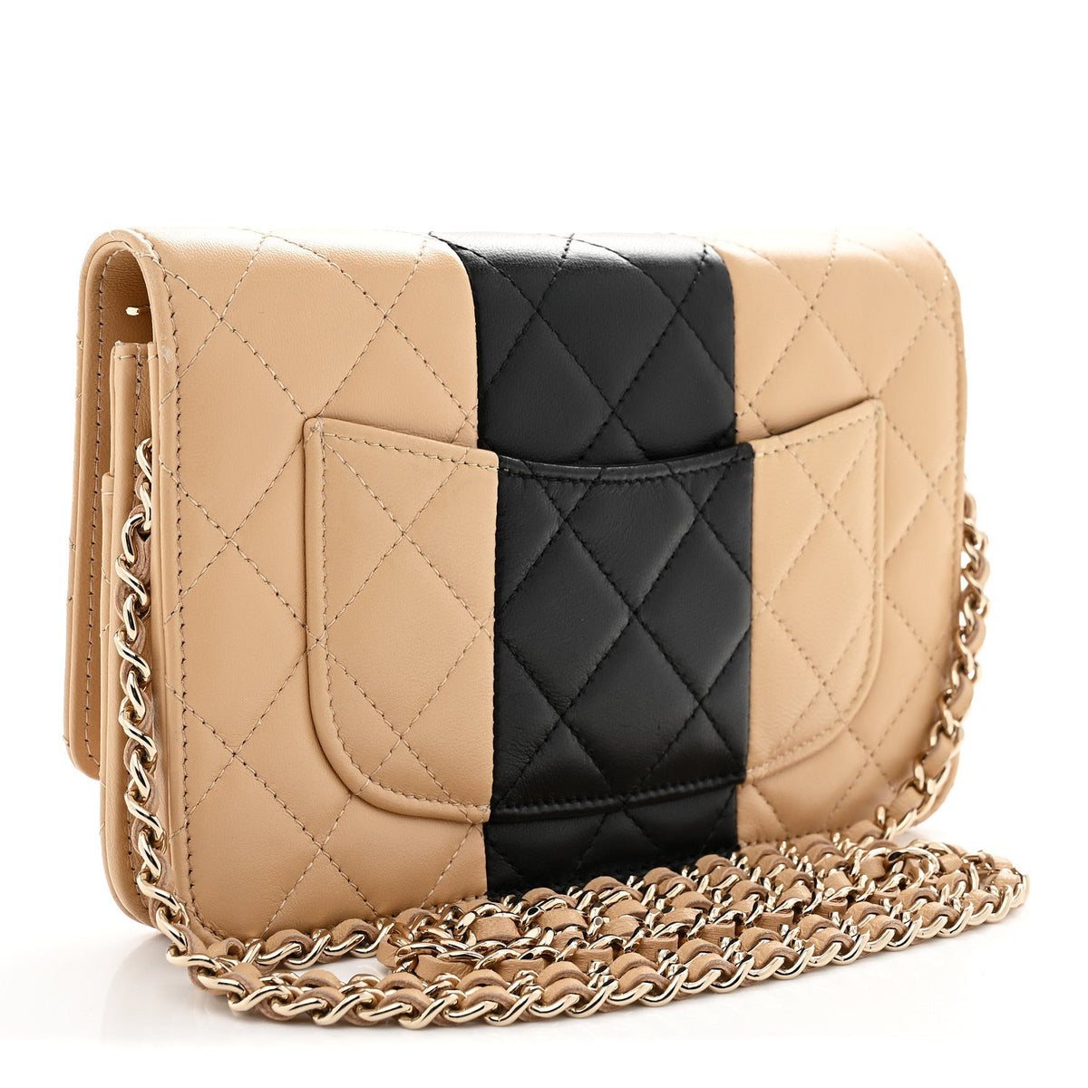 Lambskin Quilted Wallet On Chain WOC Beige Black wholesalehk.shop
