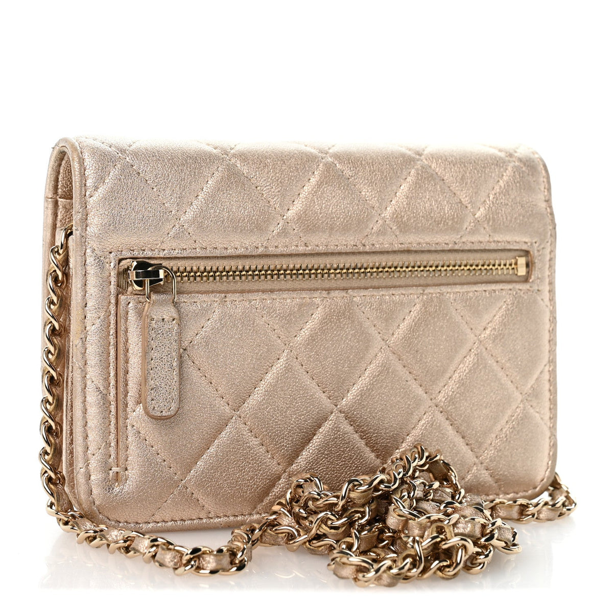 Metallic Lambskin Quilted Mini Wallet On Chain WOC Gold wholesalehk.shop
