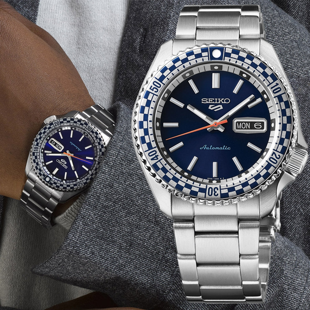 Seiko 5 Sports Petrol Blue Checker Flag Special Edition Blue Dial Silver Steel Strap Watch For Men - SRPK65K1 wholesalehk.shop