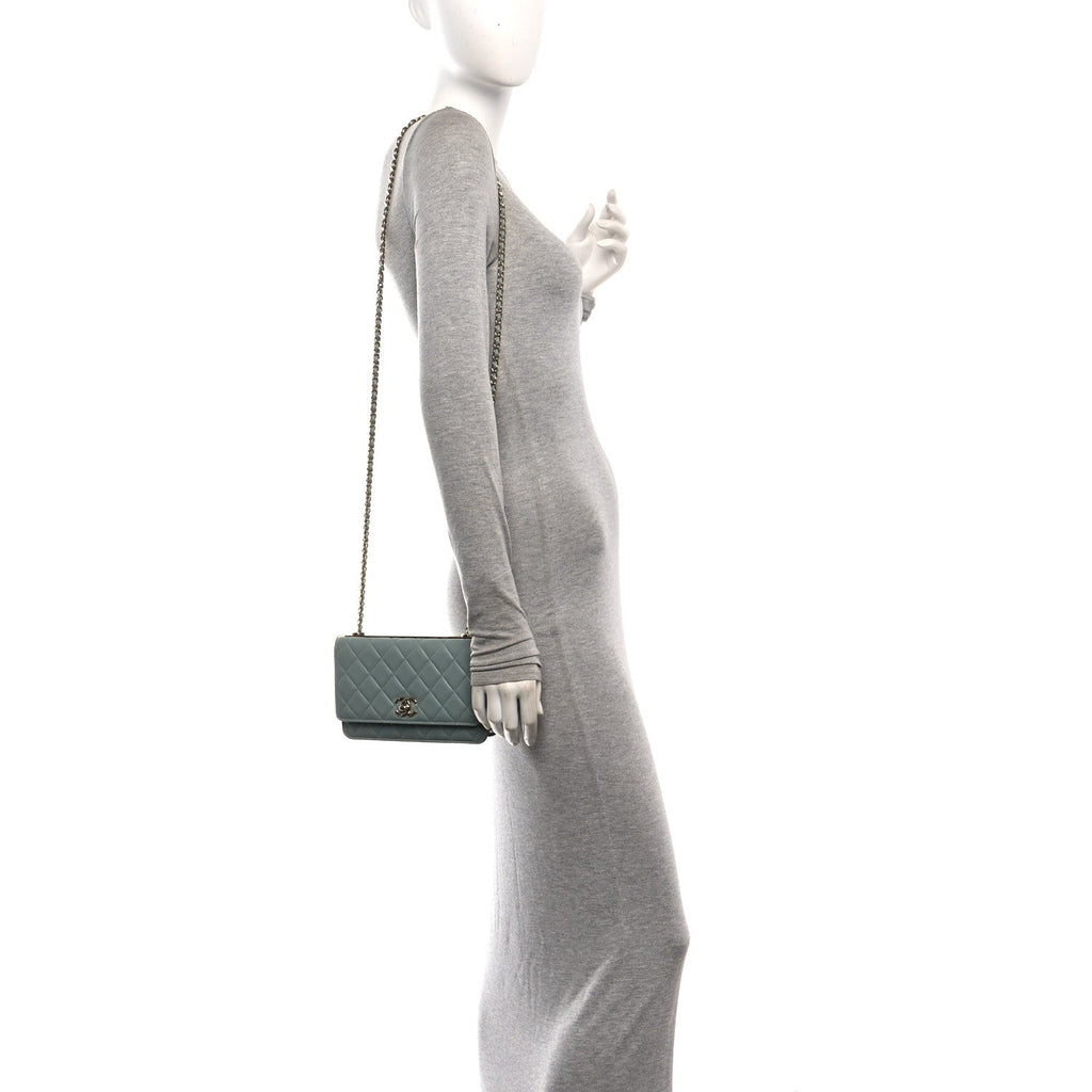 Lambskin Quilted Trendy CC Wallet On Chain WOC Light Blue wholesalehk.shop