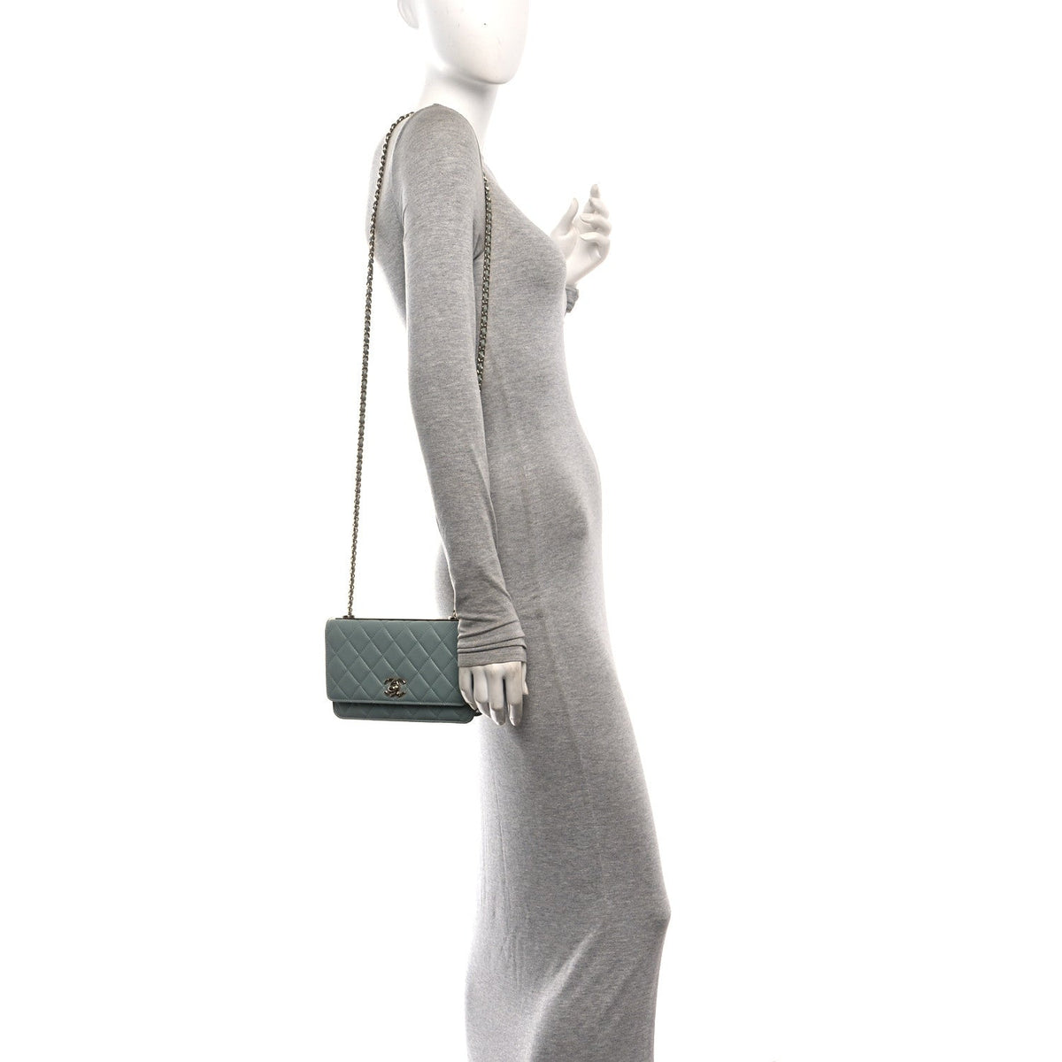 Lambskin Quilted Trendy CC Wallet On Chain WOC Light Blue wholesalehk.shop