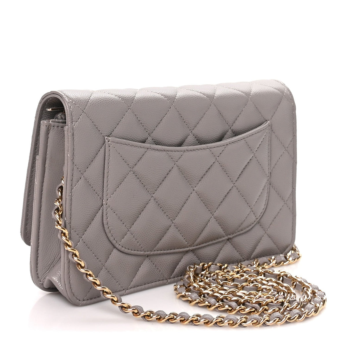 Grained Calfskin Quilted Strass CC Wallet On Chain WOC Dark Grey wholesalehk.shop