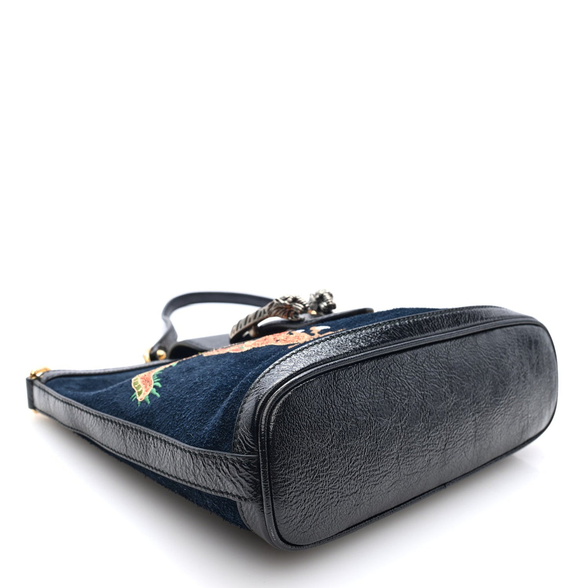 Suede Patent Dragon Embroidered Medium Dionysus Bucket Bag Dark Blue wholesalehk.shop