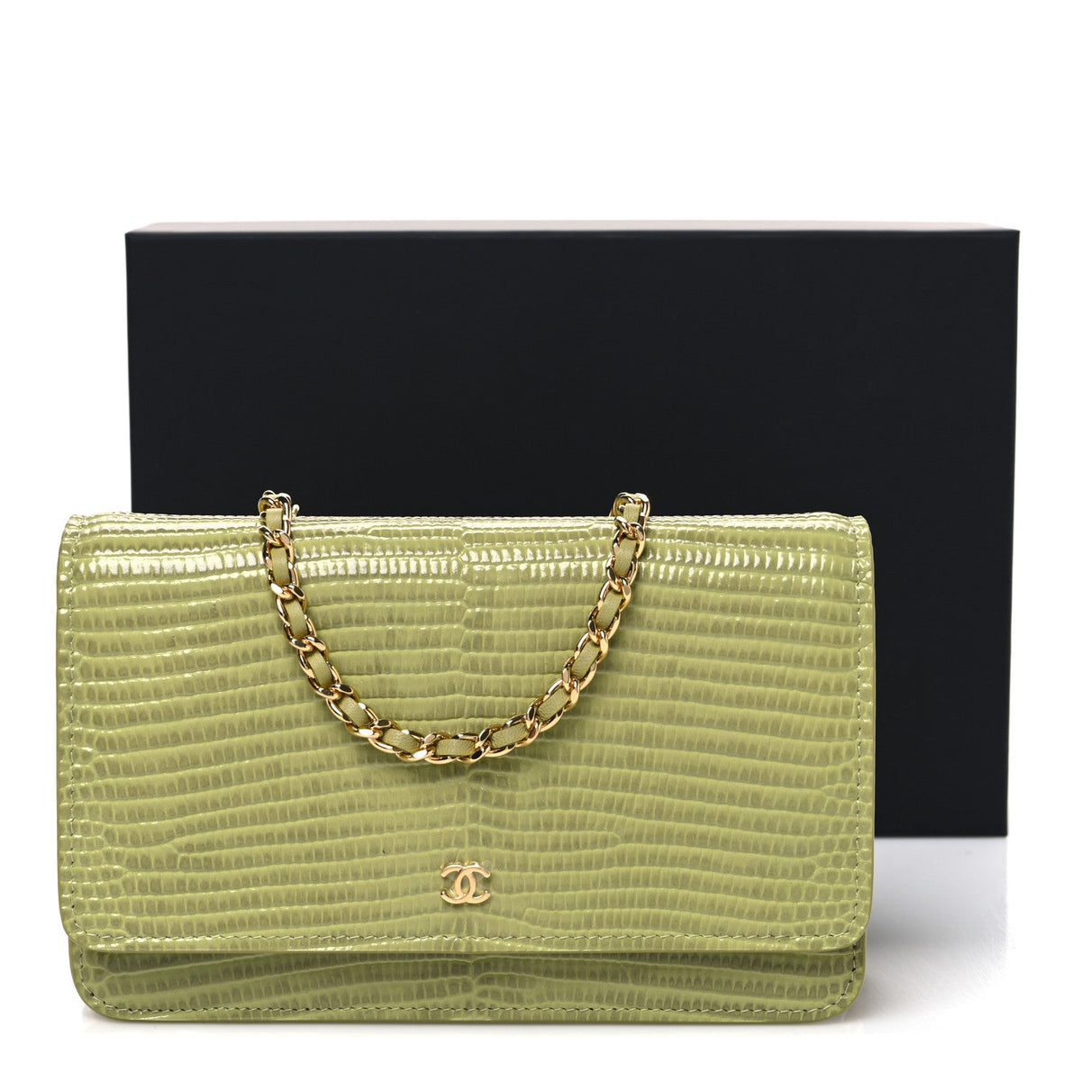 Calfskin Lizard Embossed Wallet On Chain WOC Green wholesalehk.shop