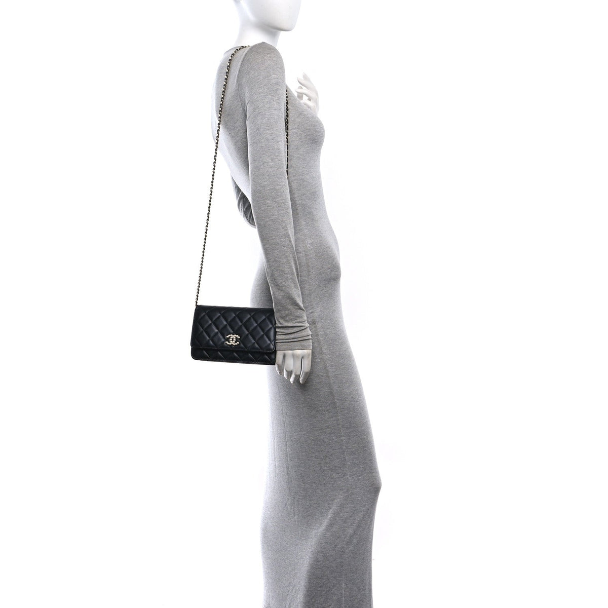 Lambskin Quilted Pearl CC Wallet on Chain WOC Black wholesalehk.shop