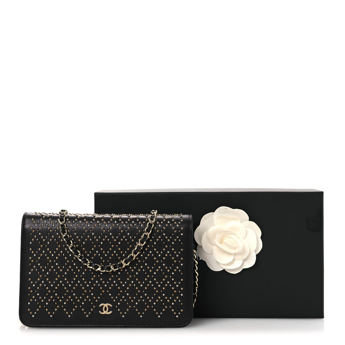 Lambskin Studded Wallet on Chain WOC Grey wholesalehk.shop
