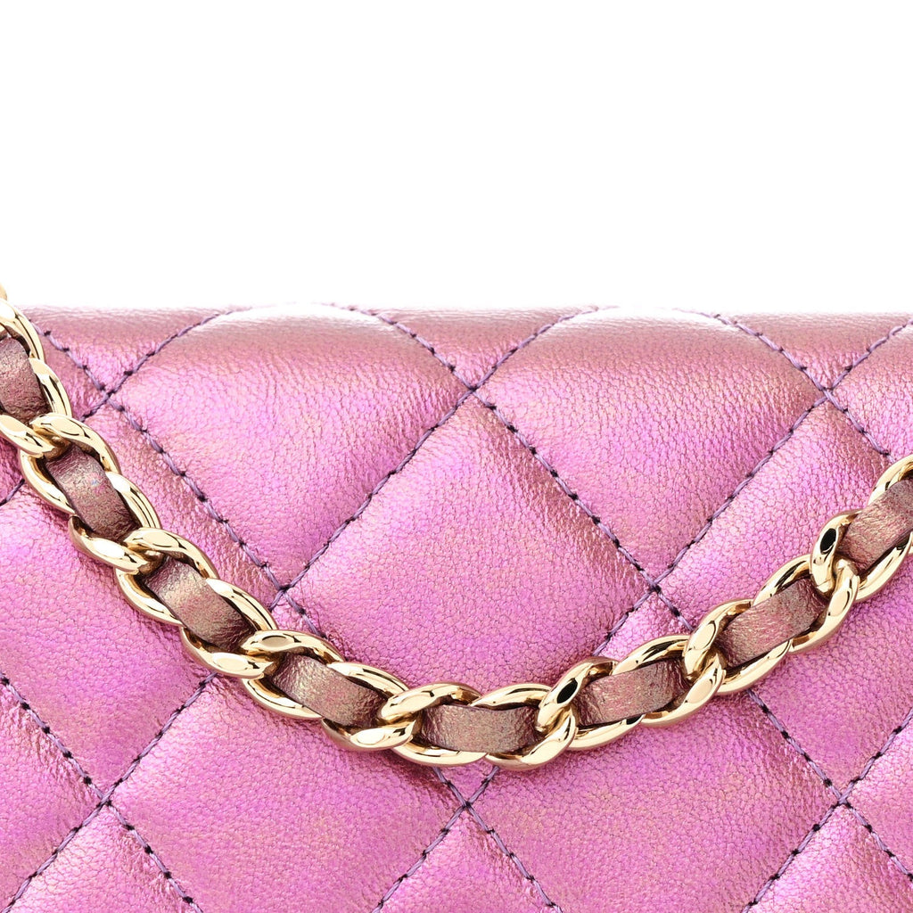 Iridescent Lambskin Quilted Mini Wallet On Chain WOC Purple wholesalehk.shop