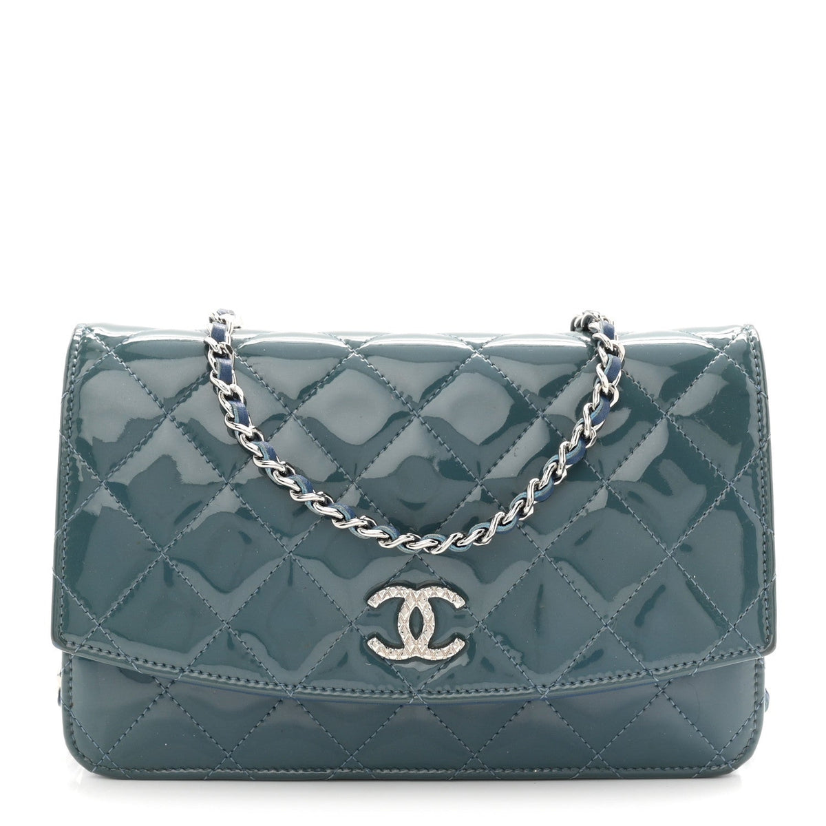 Patent Quilted Brilliant Wallet On Chain WOC Blue wholesalehk.shop
