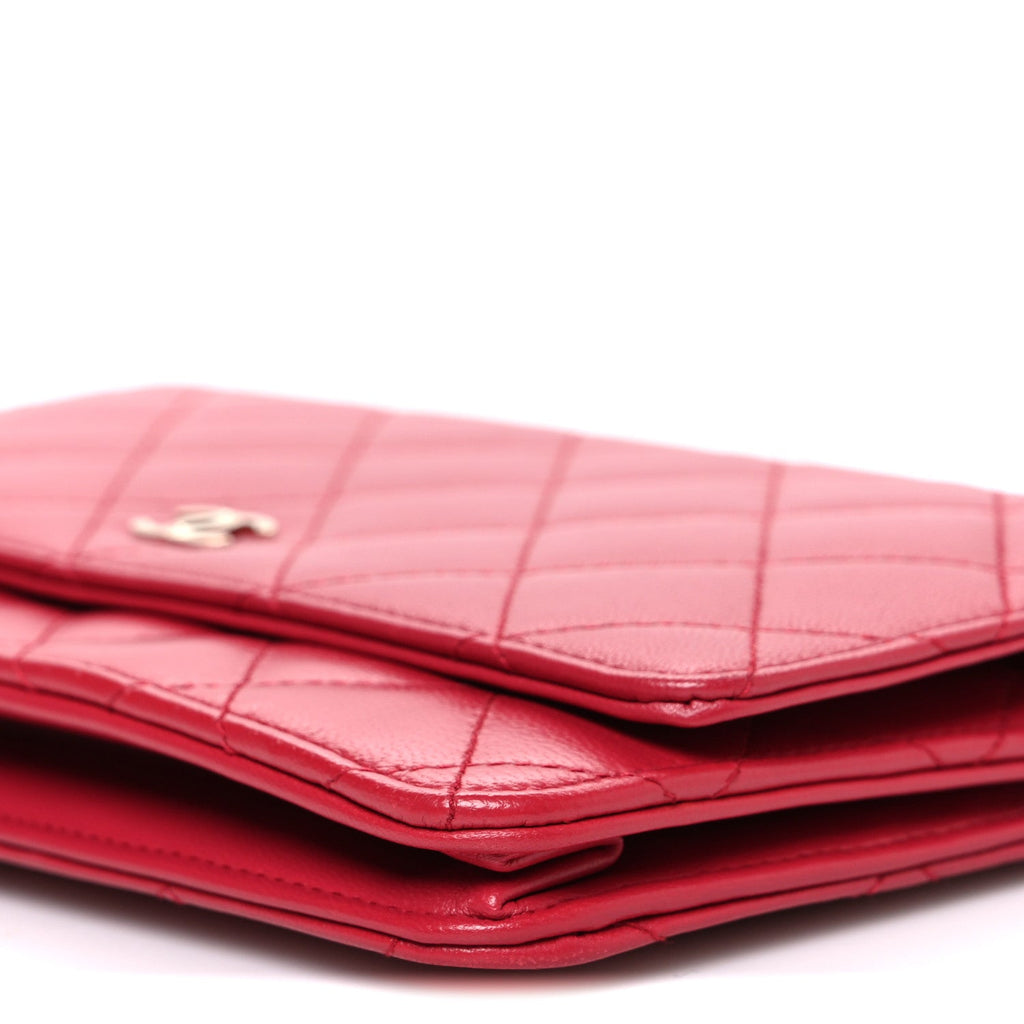 Lambskin Quilted Wallet On Chain WOC Dark Pink wholesalehk.shop